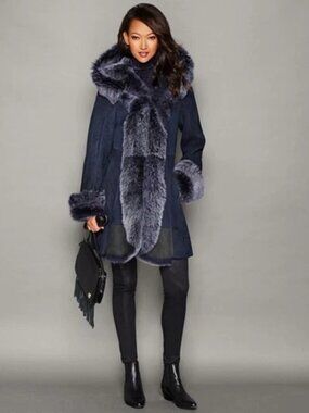 Women's Navy Merino Toscana Lamb Shearling Coat Real Fur Hooded Made Greece